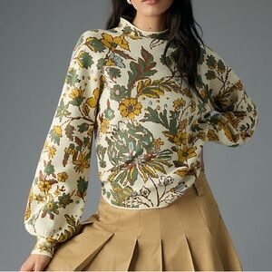 Anthropologie Floral Knit Sweater in Cream, Green, Yellow, Brown
